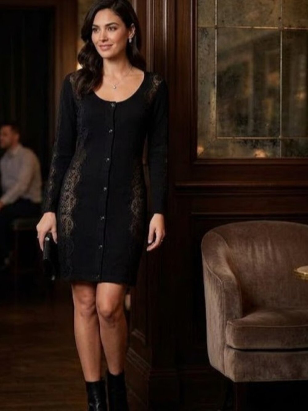 Valentino Roma Black Lace Trim Button Front Long Sleeve Dress Cardigan Size 2